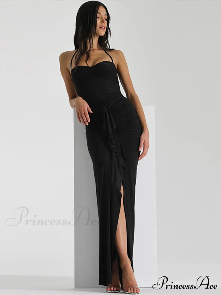 Gathered Bandeau Long Holiday Gown Black / S vacationdress-250223