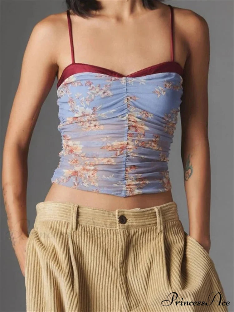 Gathered Blossom Cheetah Spaghetti Strap Crop Top BLUE / S croptop-250126