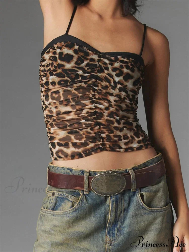 Gathered Blossom Cheetah Spaghetti Strap Crop Top LEOPARD / S croptop-250126