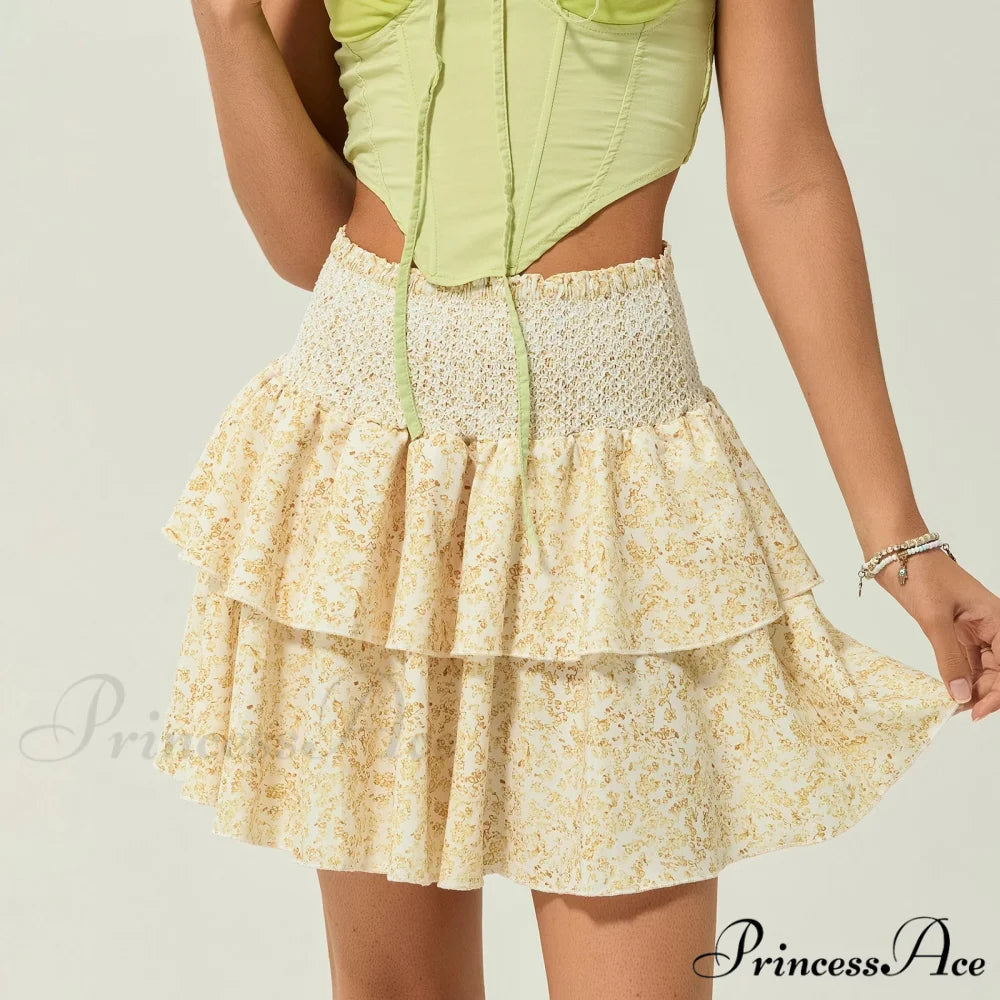 Gathered Blossom Tiered Frill Skirt Yellow / S skirts-250223