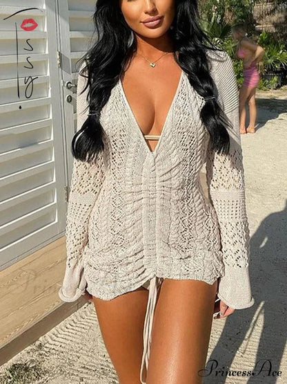 Gathered Cinched Knit Mini Dress Khaki / One Size minidress-250223
