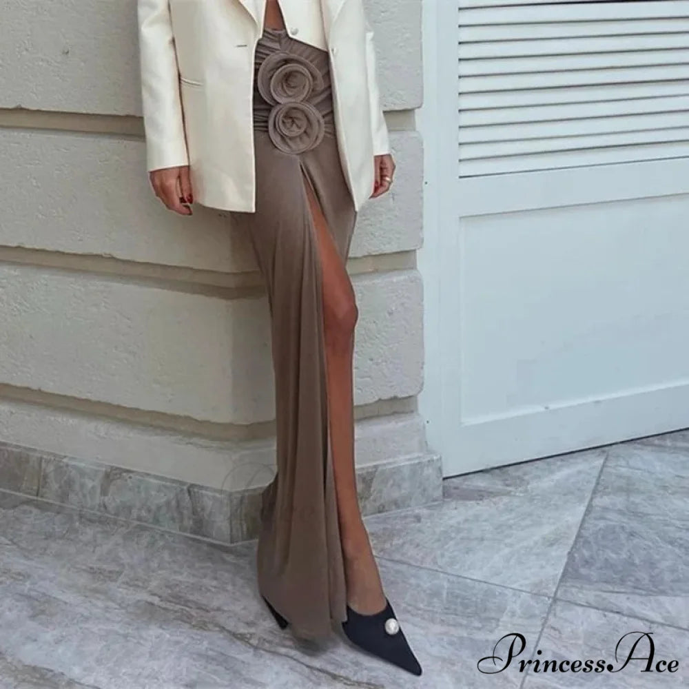 Gathered Divided Flower Ornamentation Long Skirt skirt-250126