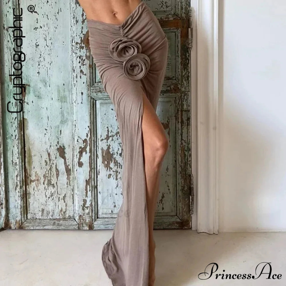 Gathered Divided Flower Ornamentation Long Skirt skirt-250126