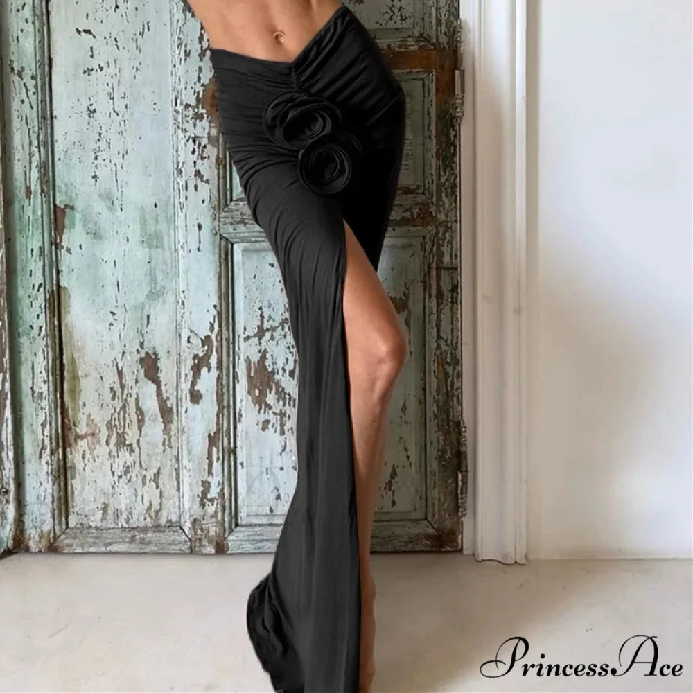 Gathered Divided Flower Ornamentation Long Skirt Black / S skirt-250126