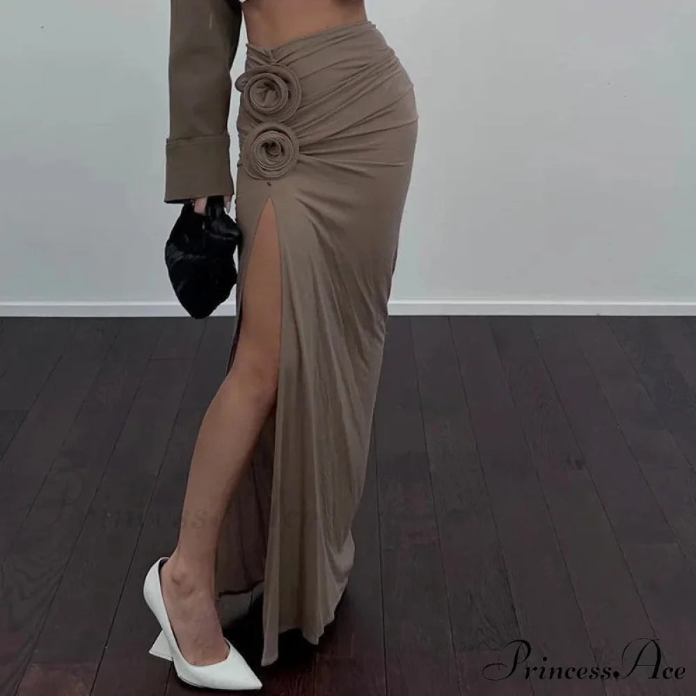 Gathered Divided Flower Ornamentation Long Skirt Brown / S skirt-250126