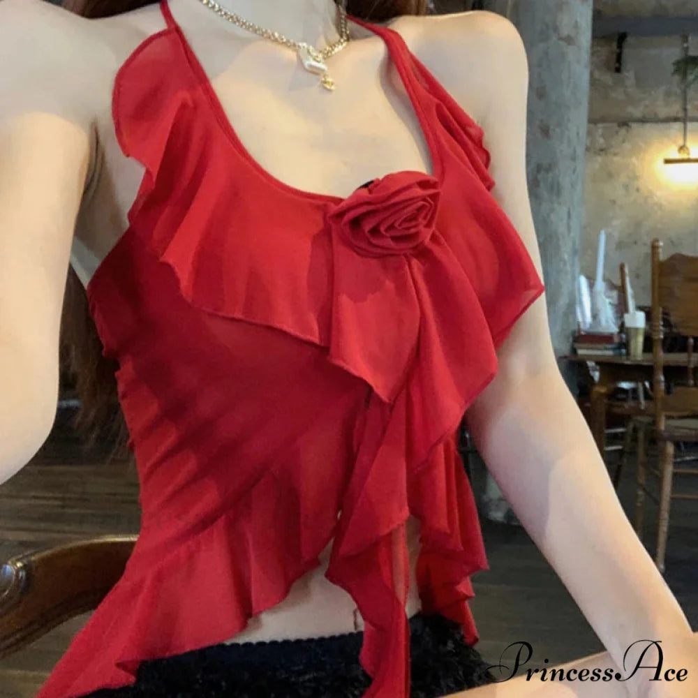 Gathered Frilled Halter Crop Top Red / One Size croptop-250223