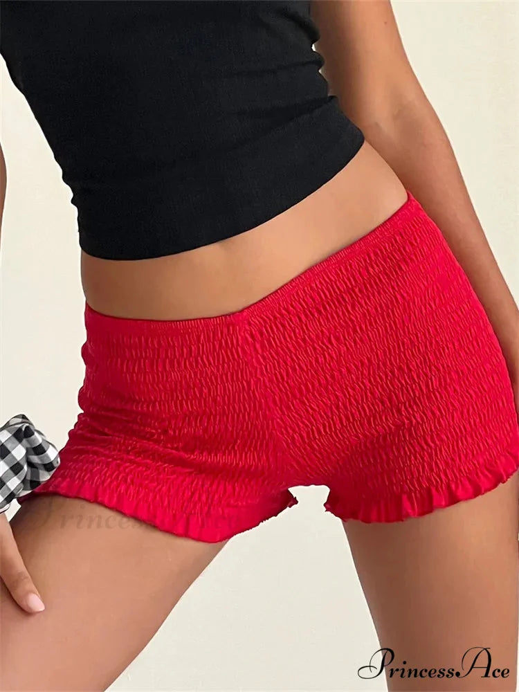Gathered Frilled Stretchy Waist Short red / S short-250223