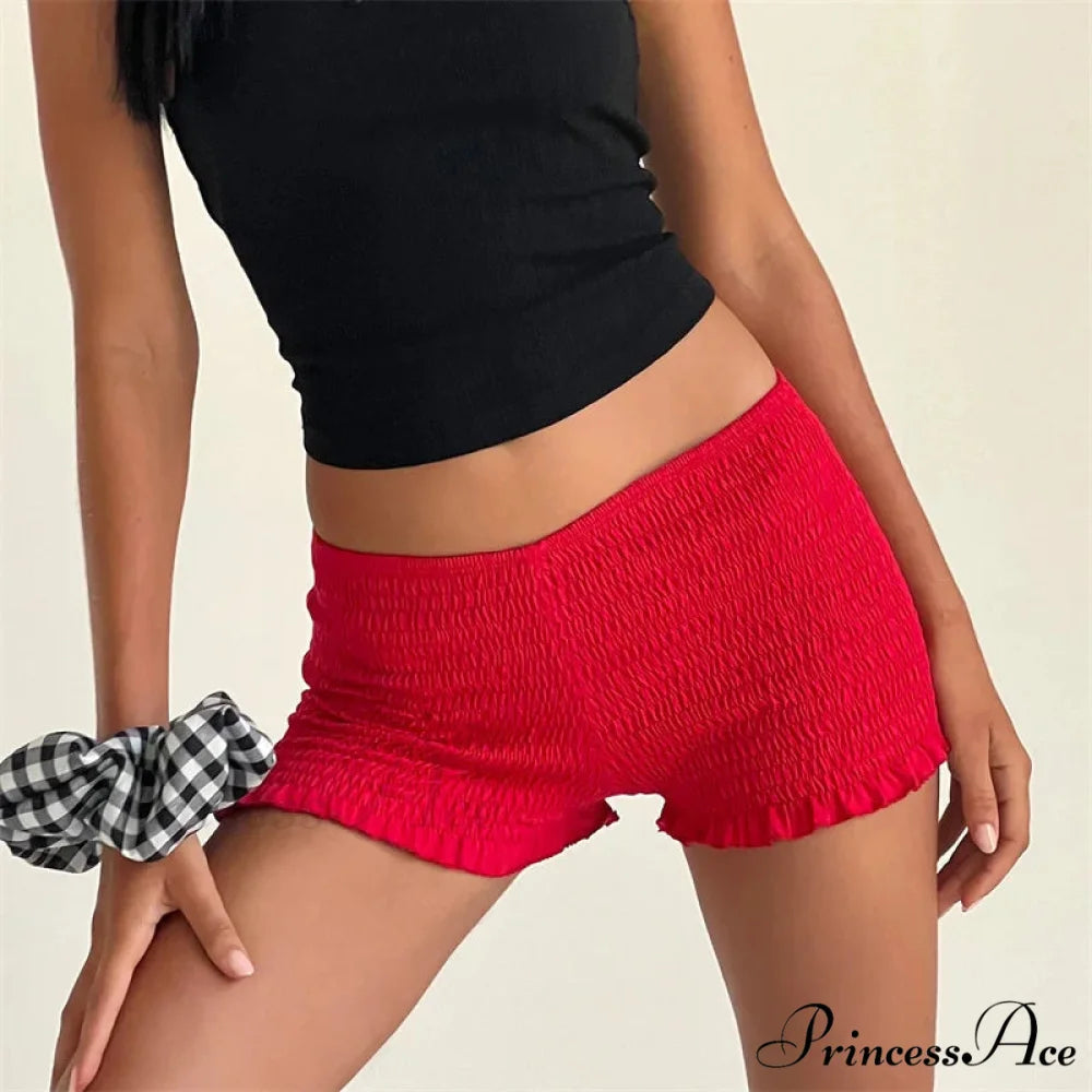 Gathered Frilled Stretchy Waist Short Red / S short-250223