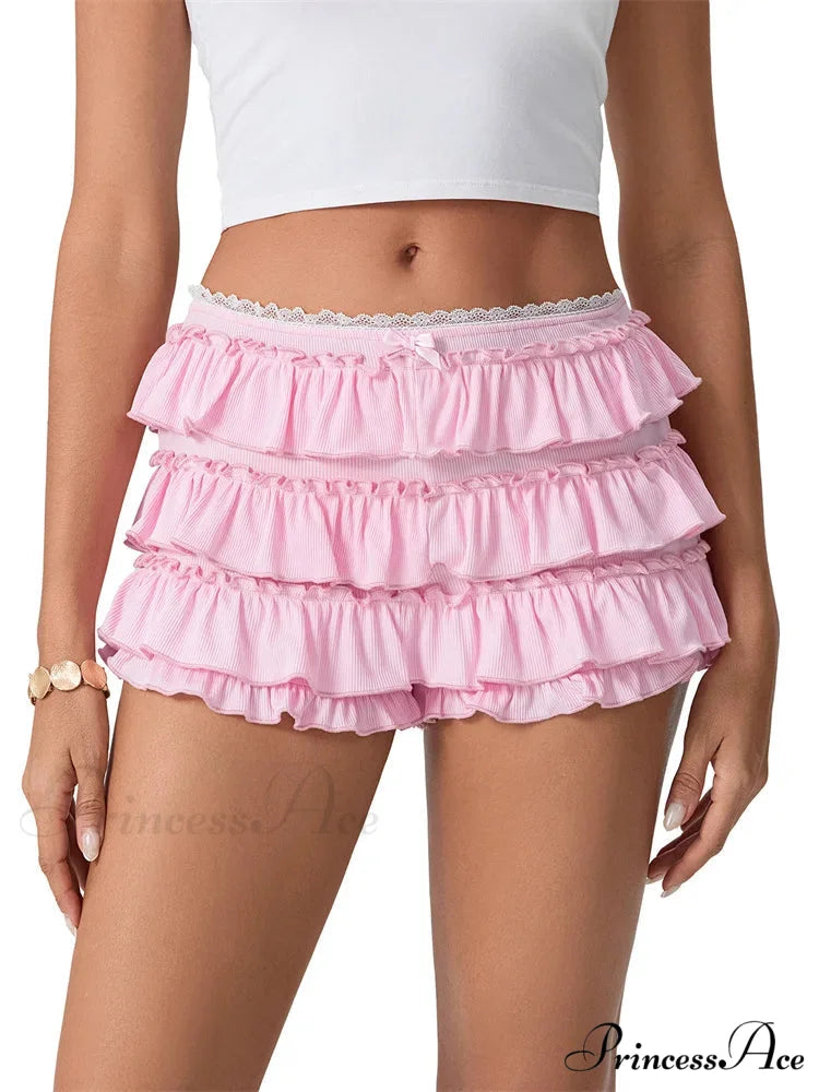 Gathered Lace Layered Frilled Brief pink / S short-250223