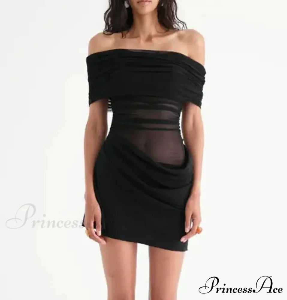 Gathered Net Celebration Mini Dress black / S minidress-250223