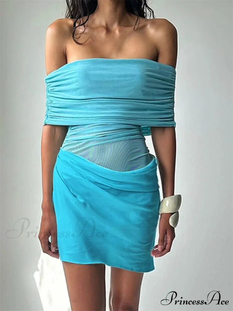 Gathered Net Celebration Mini Dress blue / S minidress-250223