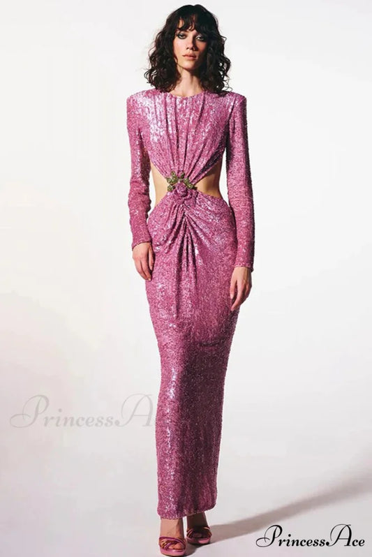 Gathered Sparkling Waist Cutout Prom Dress pink / XS promdress-250223