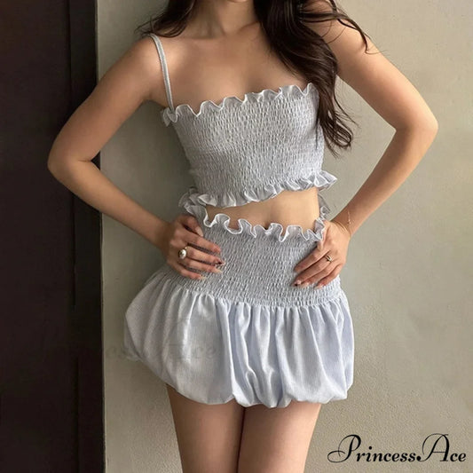 Gathered Tartan Camisole Crop Top Mini Bubble Skirt Two Pieces Set twopiecesset-250126