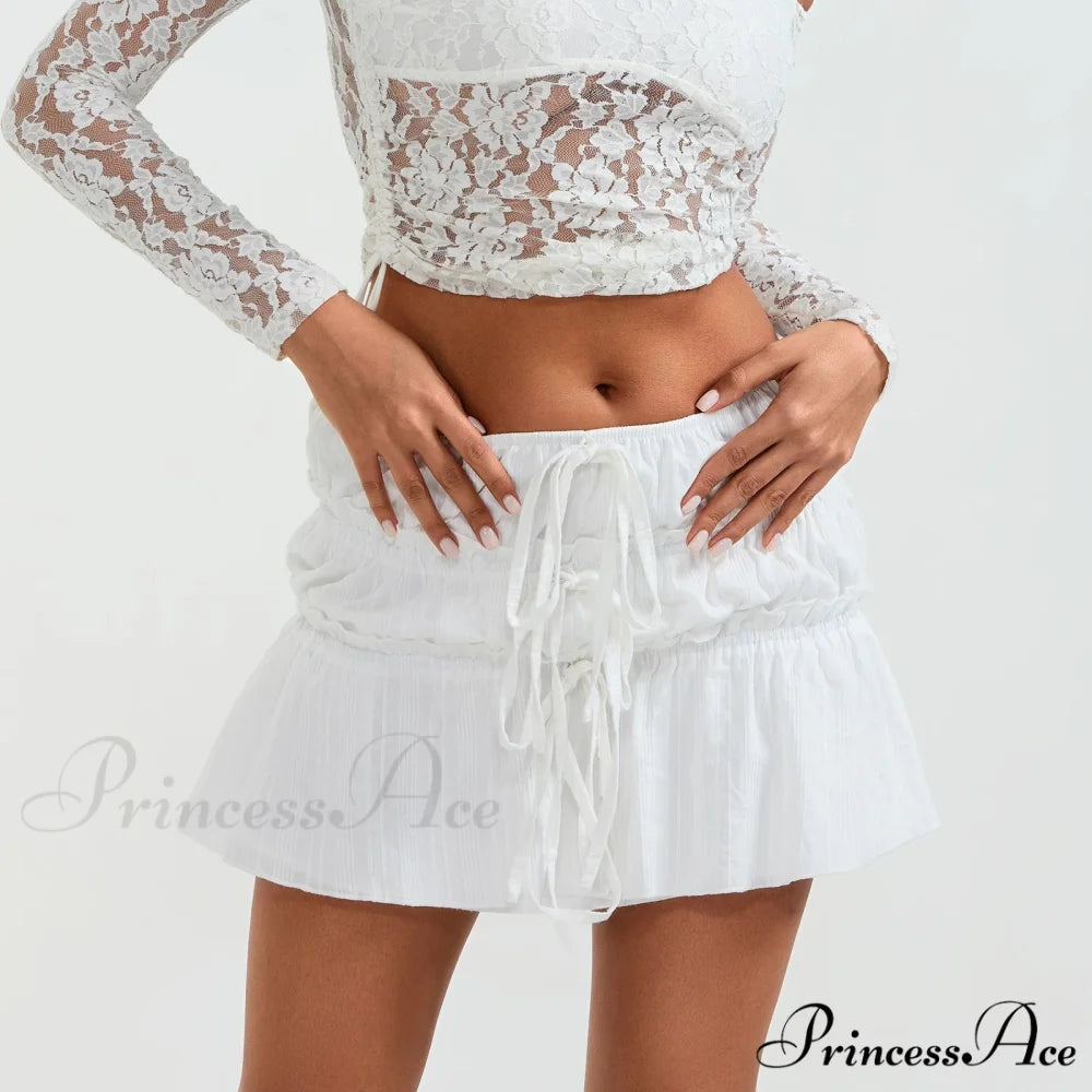 Gathered Tie-Up Front A-Line Skirt WHITE / S skirts-250223