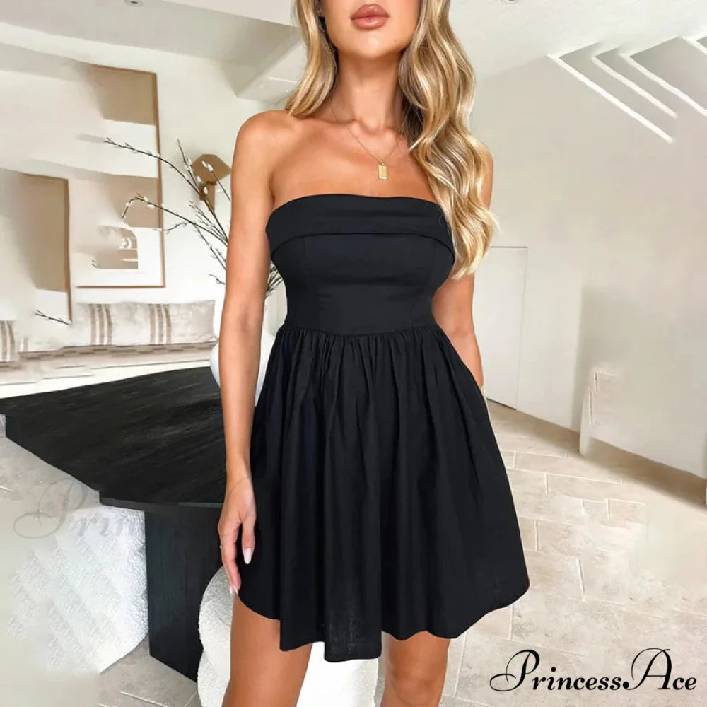 Gathered Waist Enveloping A-line Holiday Dress Black / S vacationdress-250223