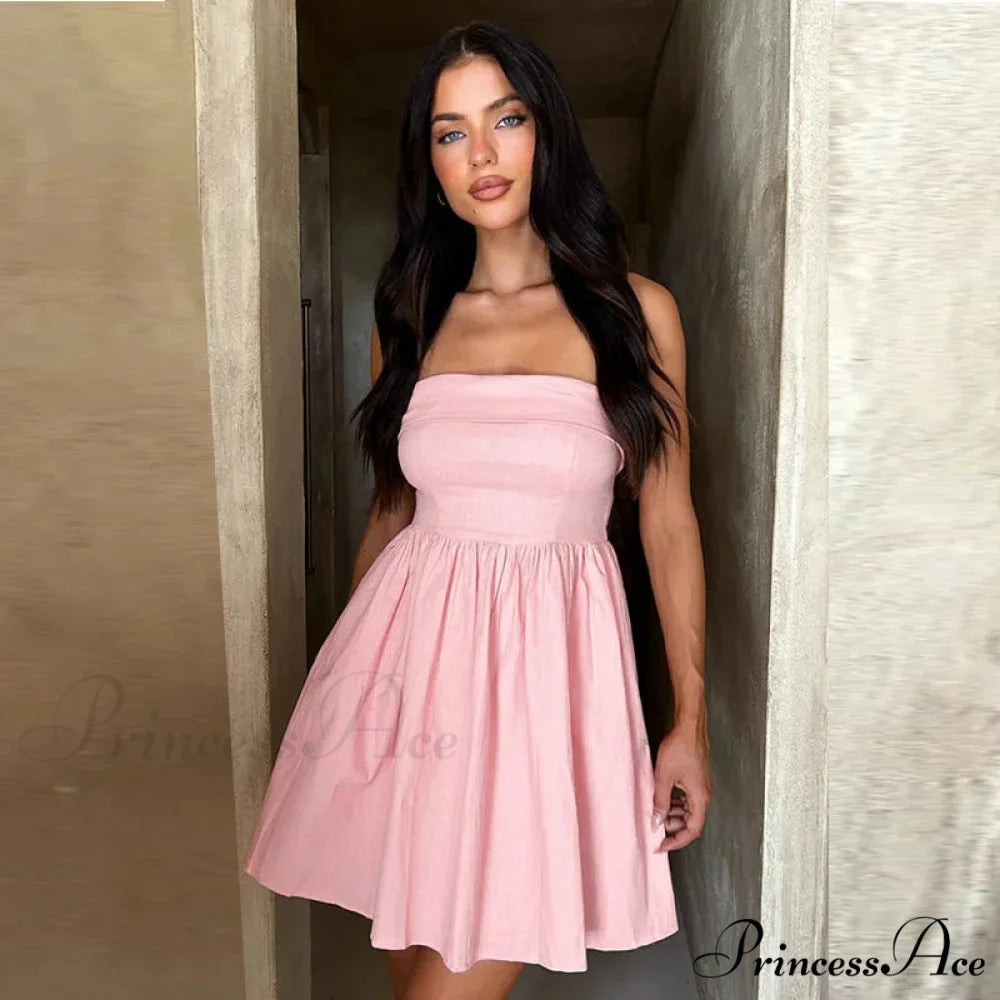 Gathered Waist Enveloping A-line Holiday Dress Pink / S vacationdress-250223