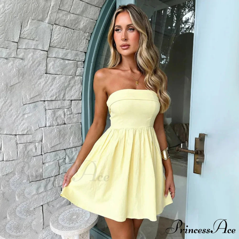 Gathered Waist Enveloping A-line Holiday Dress Yellow / S vacationdress-250223