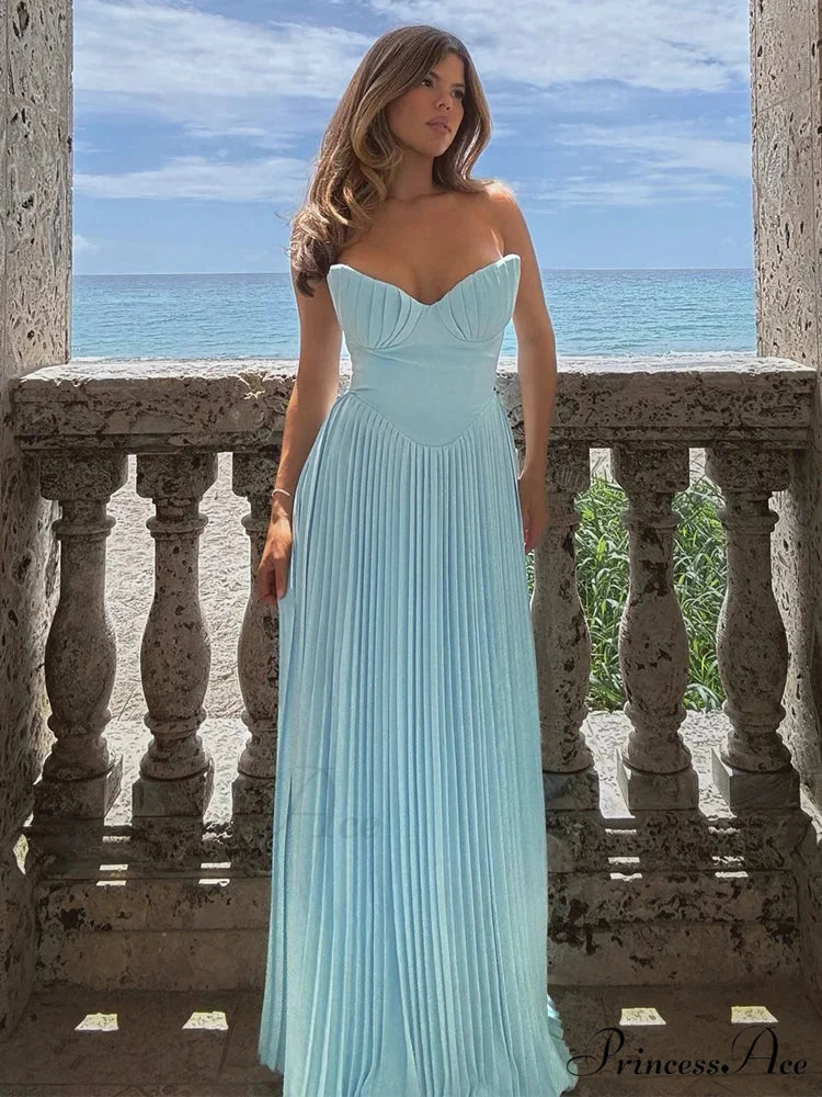 Gathered Waist Wrap A-line Maxi Holiday Dress Blue / S vacationdress-250223