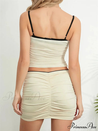 Gathered Warm Weather Ensembles Sleeveless Band Crop Camis Tops with Mini Skirts Set twopiecesset-250126