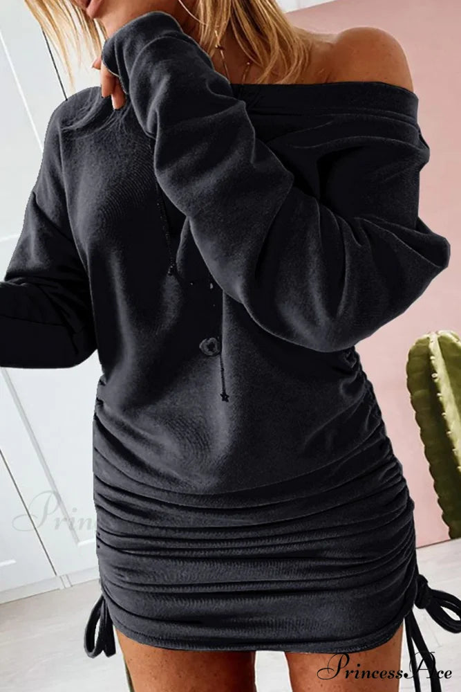 Gathering Dress with Drop Shoulder and Drawstring Black / S