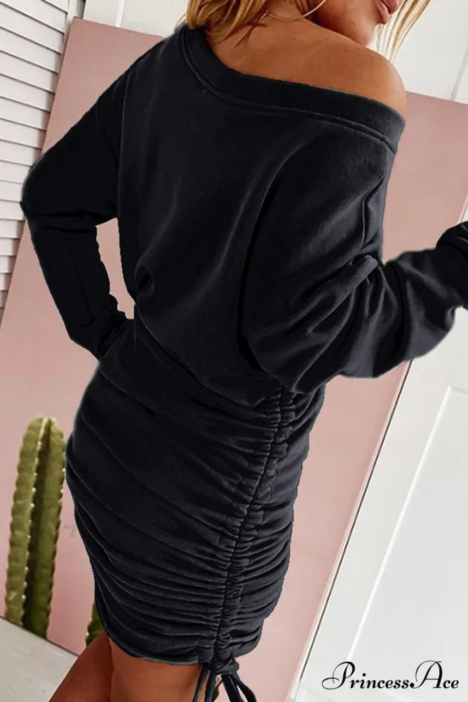 Gathering Dress with Drop Shoulder and Drawstring Black / XL