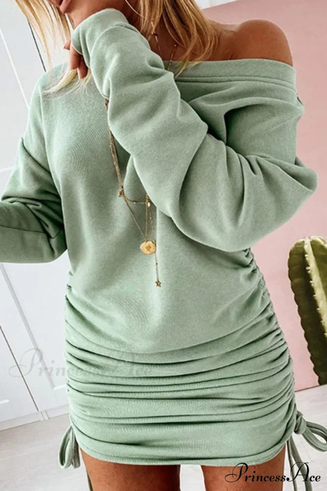 Gathering Dress with Drop Shoulder and Drawstring Green / S