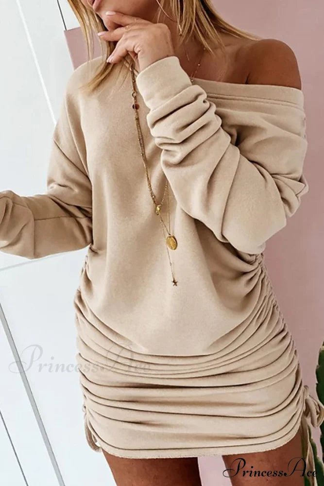 Gathering Dress with Drop Shoulder and Drawstring Khaki / S