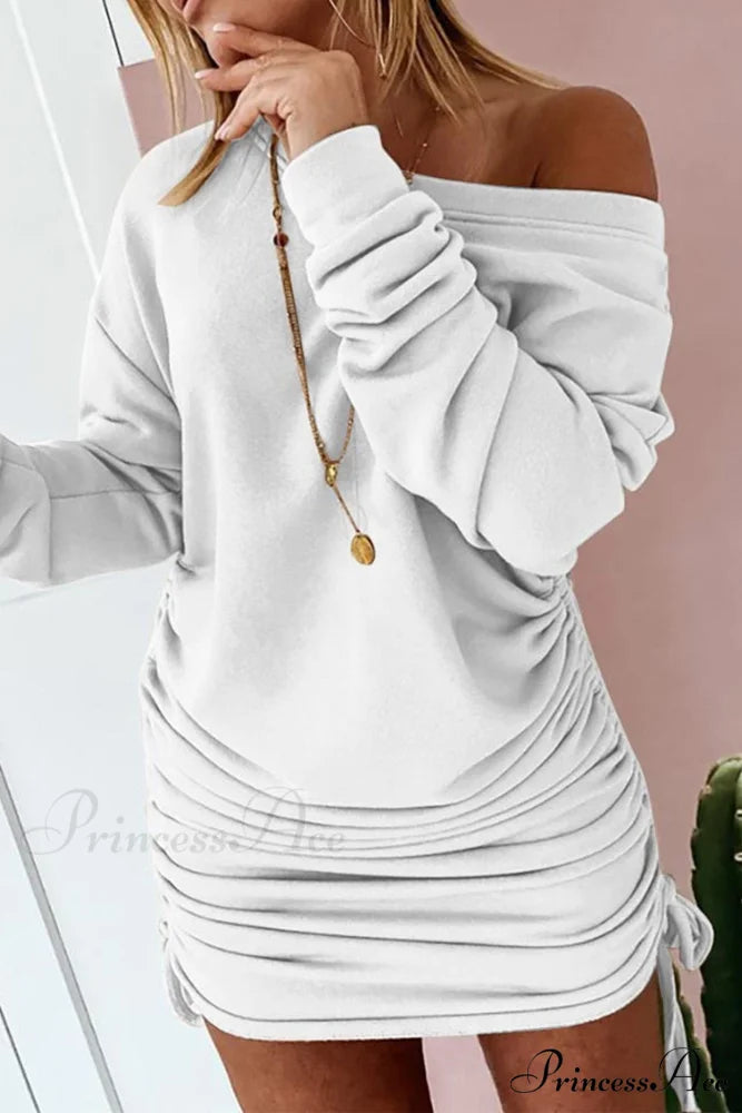 Gathering Dress with Drop Shoulder and Drawstring White / S