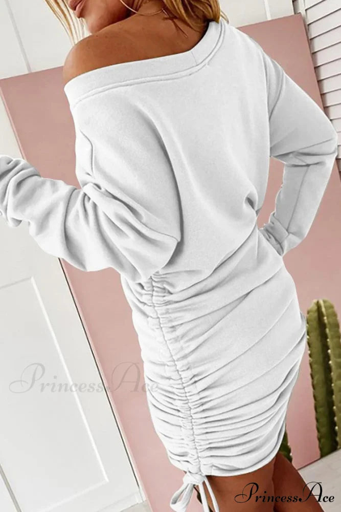 Gathering Dress with Drop Shoulder and Drawstring White / XL