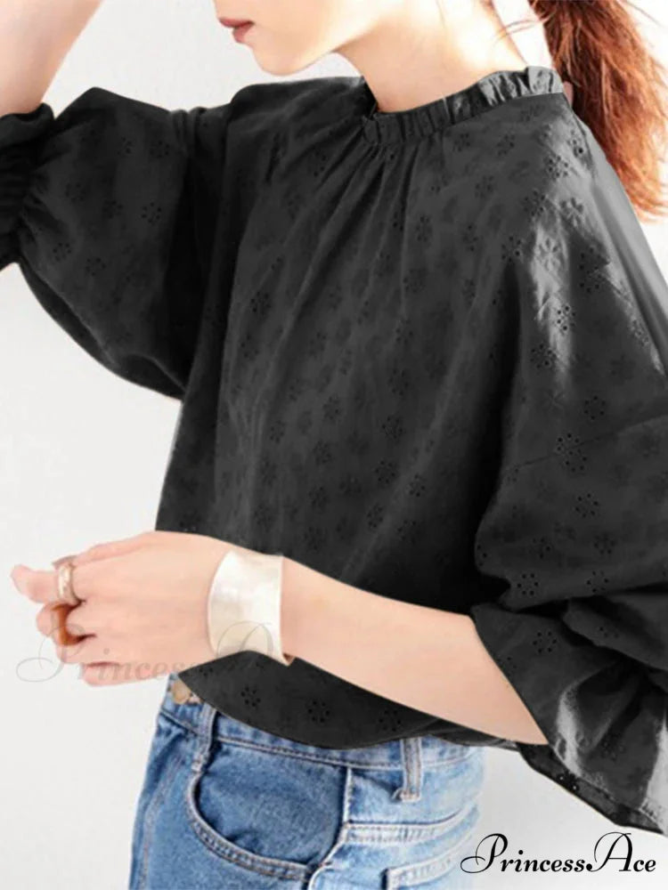 Gathering Ruching Lantern Sleeve Top Retro Top Black / S blouse-250126