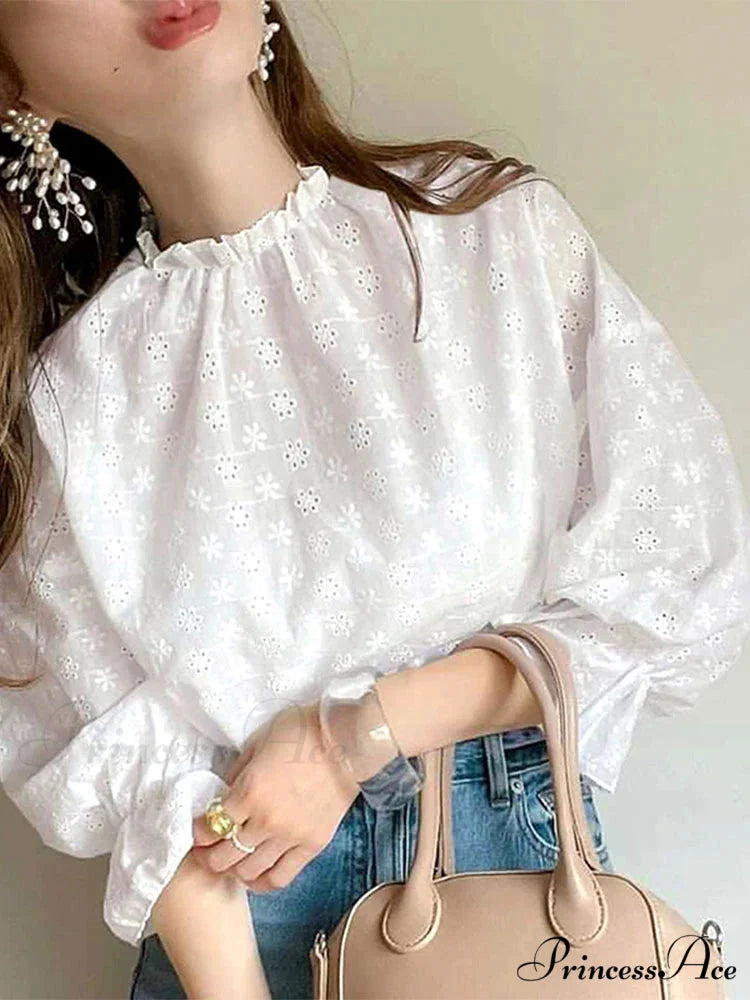Gathering Ruching Lantern Sleeve Top Retro Top WHITE / S blouse-250126