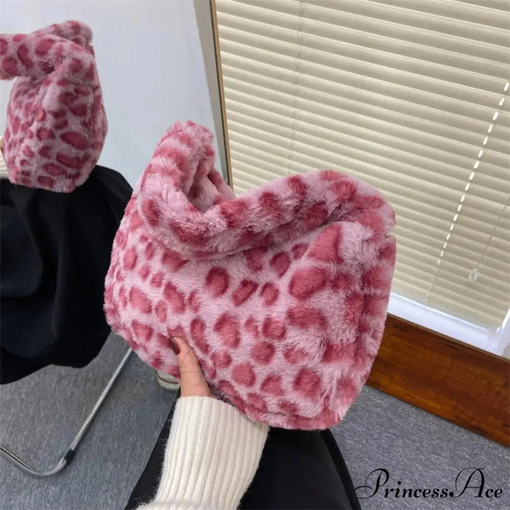 Gentle Fluffy Leopard Design Shoulder Tote Purse Pink leopard handbag-250126