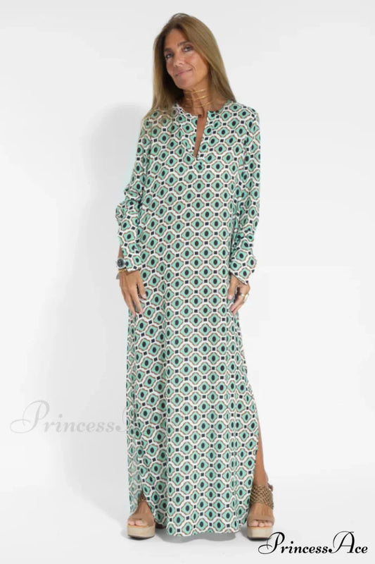 Geometric Elegant Maxi Dress S / Green Geometric