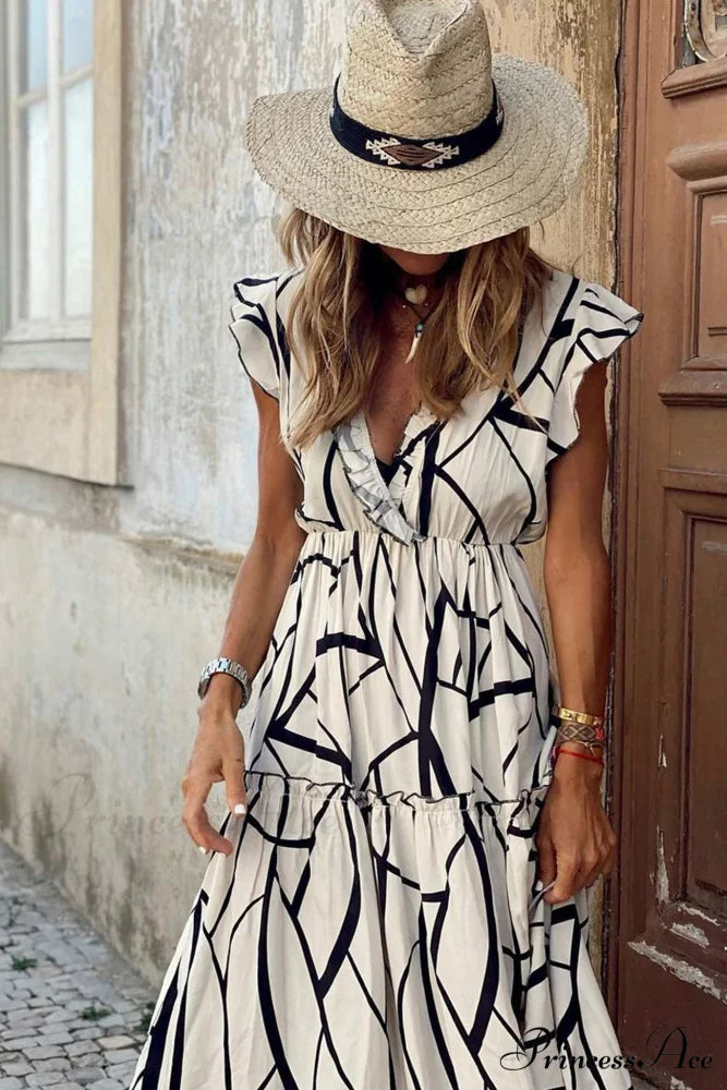 Geometric Print V Neck Ruffle Maxi Dress White / L