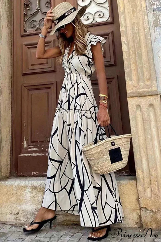 Geometric Print V Neck Ruffle Maxi Dress White / S