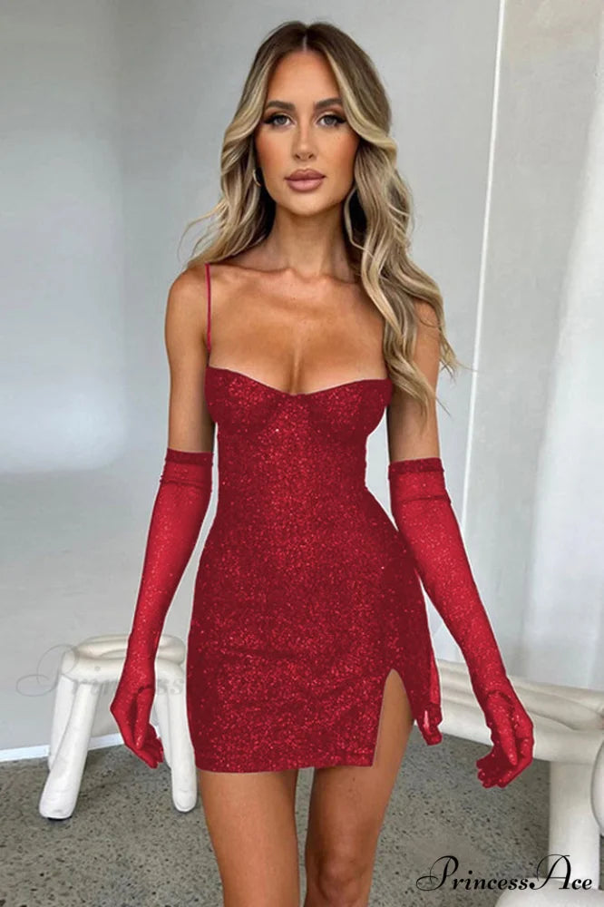 Georgia Shiny Stylish Dress With Gloves S / Red