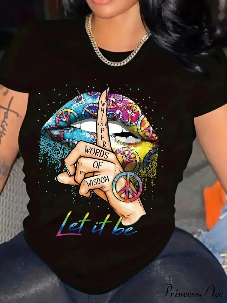 Gesture Print Crew Neck Short Sleeve For Spring & Summer Women’s Clothing T-shirt BLACK / S