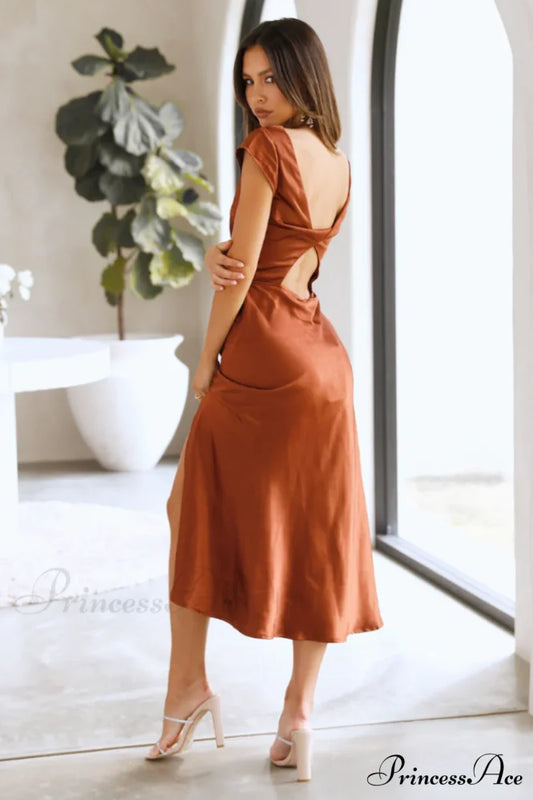 Get In Formation Charming Satin Midi Dress S / Brown