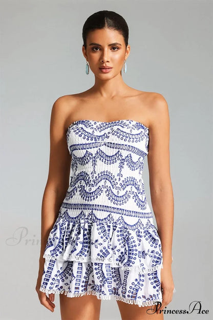 Getaway Fun Eyelet Trendy Strapless Mini Dress Blue / S
