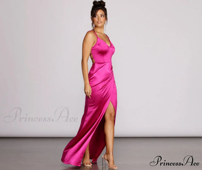 Gianna Formal High Charming Slit Satin Dress MAGENTA / XS