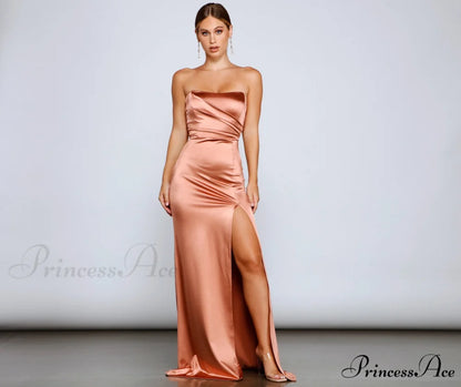 Gianna Strapless Stylish High-Slit Satin Dress ROSE GOLD / XS