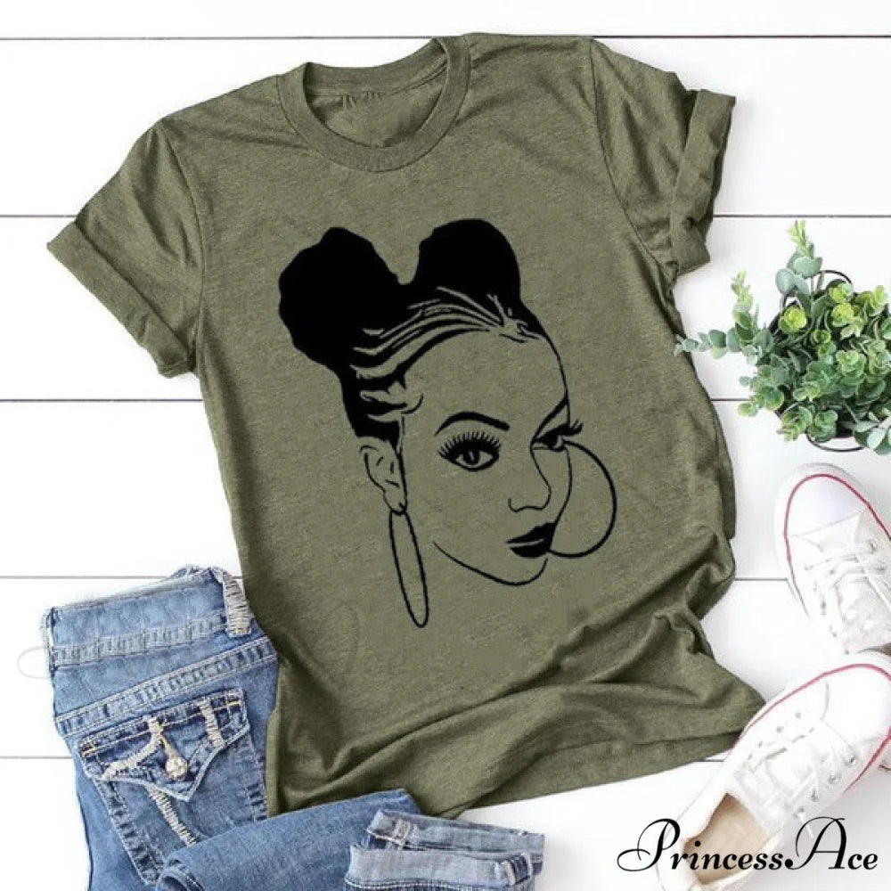 Girl Face Print T Shirt Army Green / XS