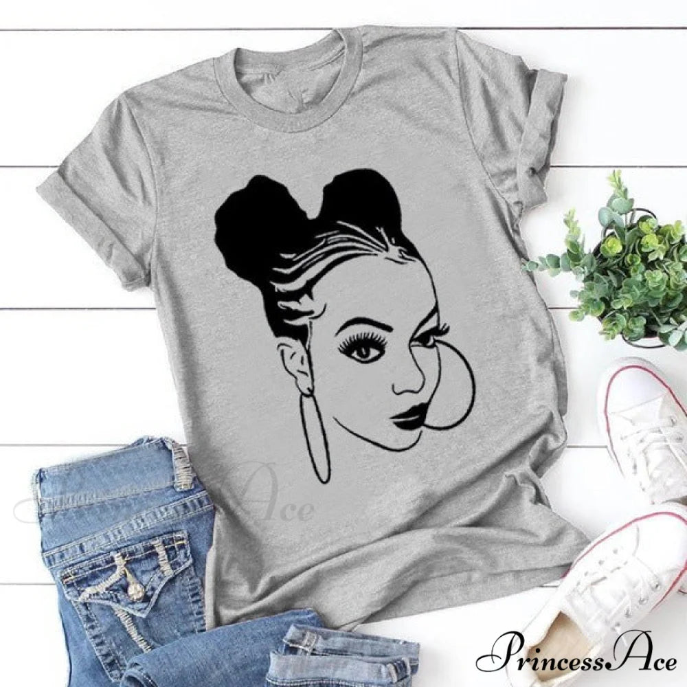 Girl Face Print T Shirt Gray / XS