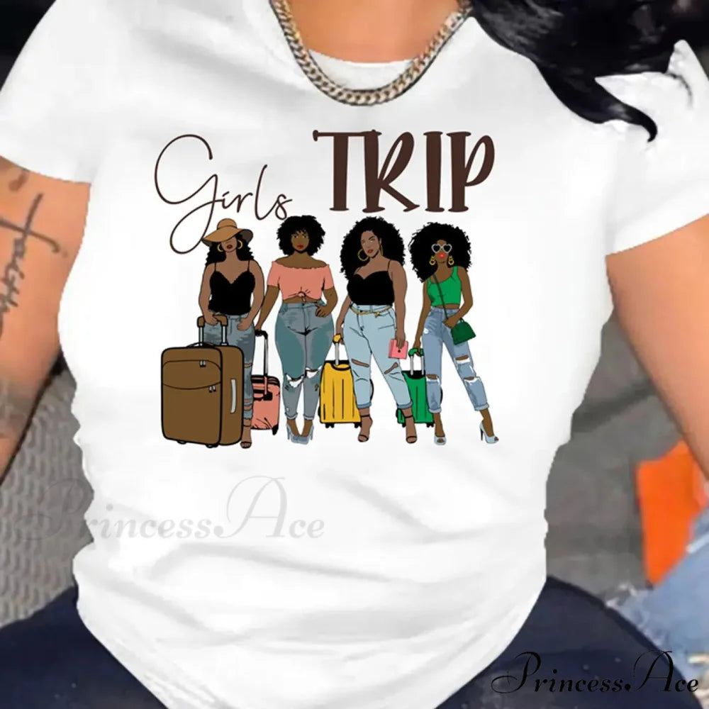 Girl Trip Print Crew Neck Short Sleeve For Summer Women’s Clothing T-shirt White / S