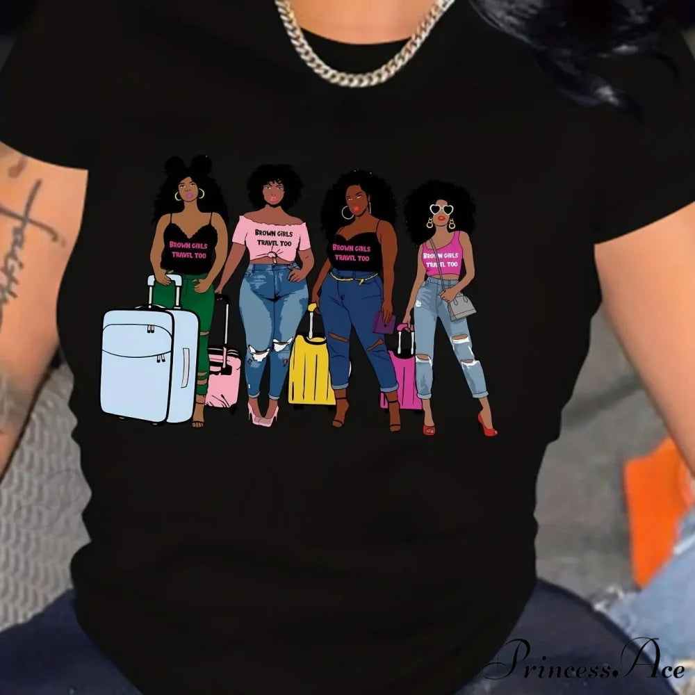 Girls Print Crew Neck Short Sleeve Women’s Clothing T-shirt BLACK / S