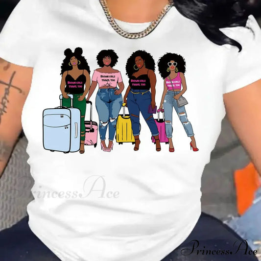 Girls Print Crew Neck Short Sleeve Women’s Clothing T-shirt WHITE / S