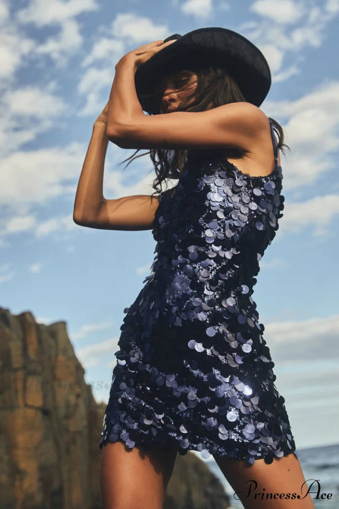Giselle Disc Stylish Sequin Mini Dress S / Navy