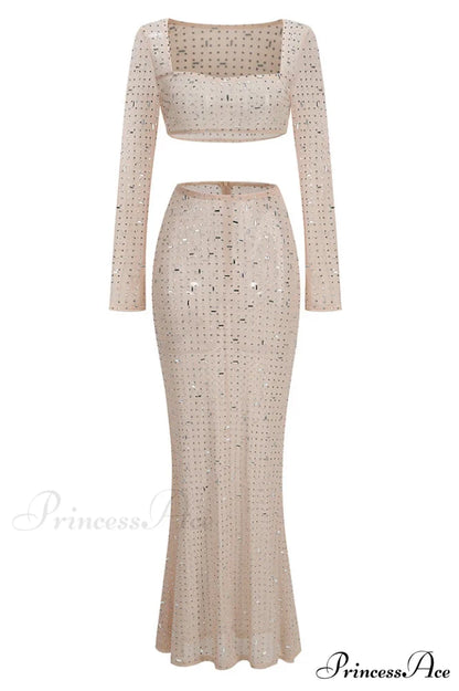 Giulia Sheer Embellished Charming Top + Skirt Set S / Nude