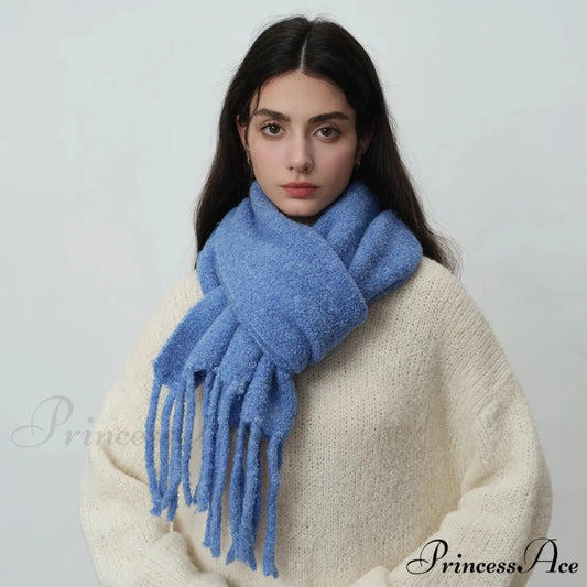 Glacier Blue Knitted Wool Scarf with Tassels for Women
