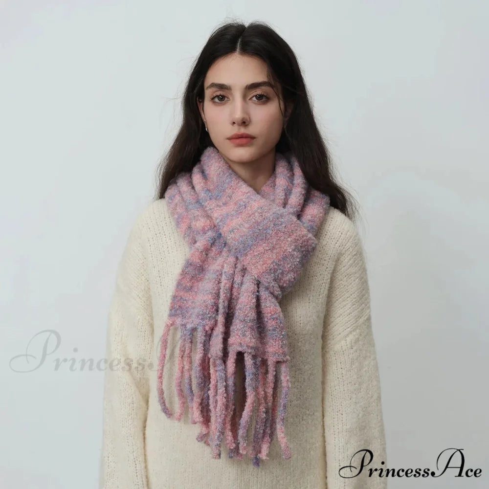 Glacier Blue Knitted Wool Scarf with Tassels for Women Cherry grey / L215CM W27CM